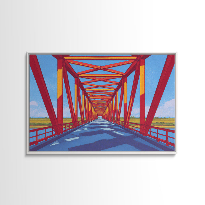 Red Truss Bridge Perspective Wall Art, Geometric Architecture Canvas Print, Bold Modern Decor, Office Poster, Travel Gift