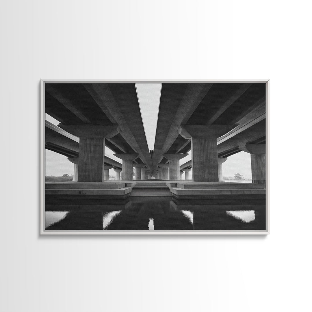 Black And White Overpass Framed Canvas Print, Urban Architecture Wall Art, Minimalist Modern Office Decor, Large Poster Gift