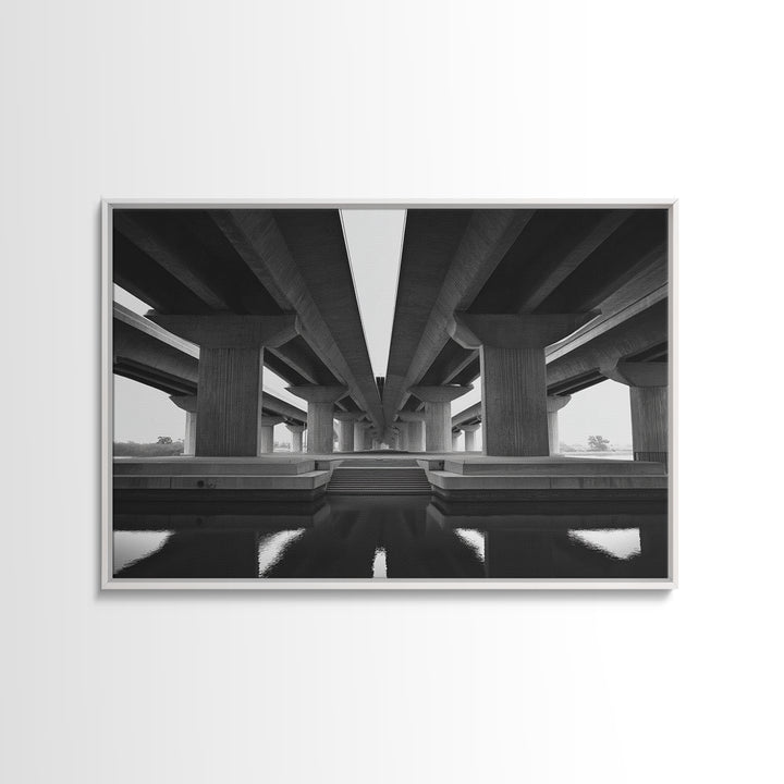 Black And White Overpass Framed Canvas Print, Urban Architecture Wall Art, Minimalist Modern Office Decor, Large Poster Gift