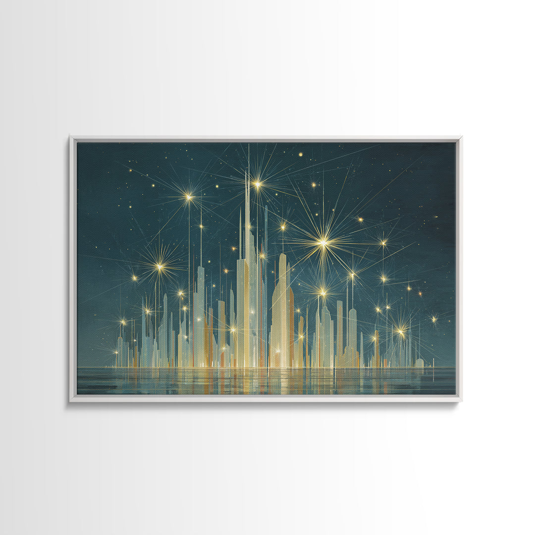 Golden Art Deco Skyline Wall Art, Firework Starburst Cityscape Canvas Print, Teal Modern Decor, Living Room Poster Gift