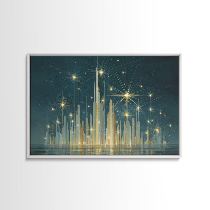Golden Art Deco Skyline Wall Art, Firework Starburst Cityscape Canvas Print, Teal Modern Decor, Living Room Poster Gift