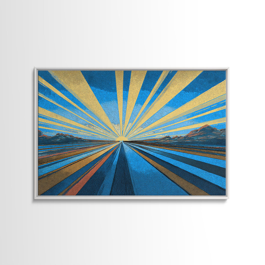 Blue Gold Sunburst Road Wall Art, Midcentury Modern Poster, Geometric Landscape Print, Retro Travel Decor, Office Decor Gift