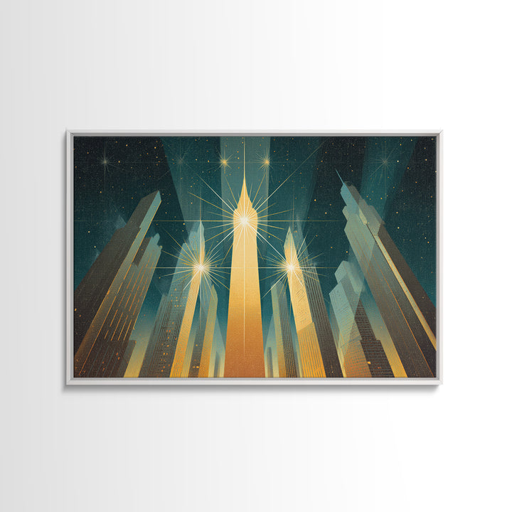 Radiant Art Deco Skyscrapers Canvas Print, Golden Starburst City Wall Art, Modern Retro Poster, Office Decor Gift Idea Print