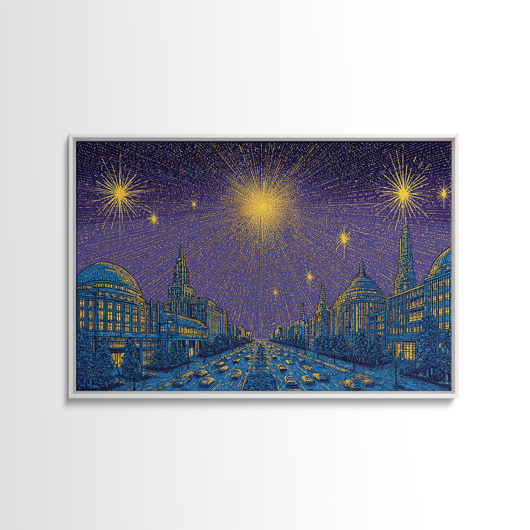 Golden Fireworks Over Retro City Skyline Wall Art, Mid Century Modern Poster, Blue Urban Landscape, Office Decor Print Gift