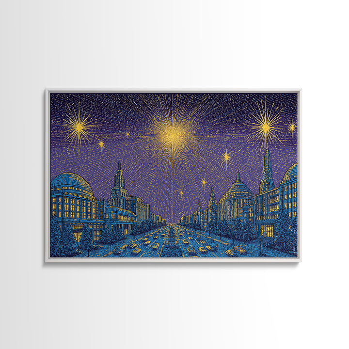 Golden Fireworks Over Retro City Skyline Wall Art, Mid Century Modern Poster, Blue Urban Landscape, Office Decor Print Gift