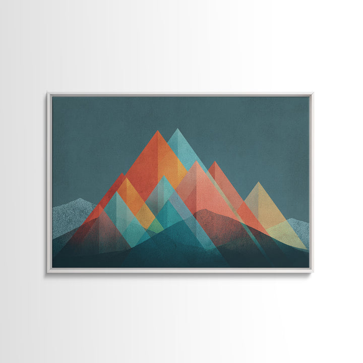 Transparent Geometric Mountain Peaks Canvas Print, Mid Century Modern Abstract Art, Teal Orange Wall Decor, Living Room Print