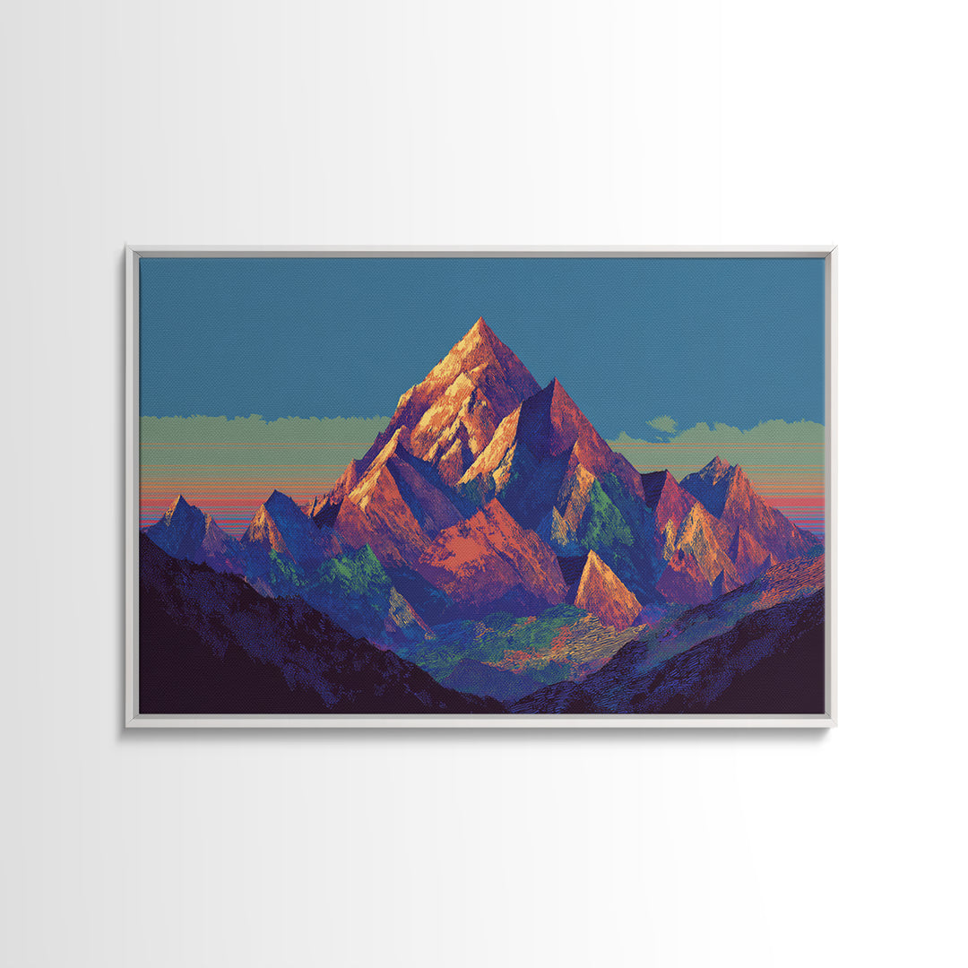 Vibrant Sunset Alpine Mountain Wall Art, Mid Century Modern Landscape Poster, Colorful Retro Home Decor, Large Canvas Print