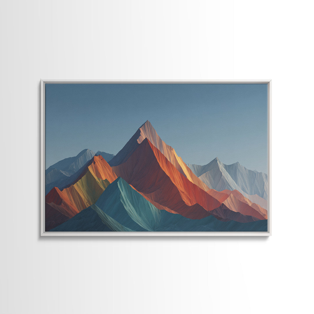Faceted Rainbow Mountain Range Framed Canvas Print, Mid Century Modern Wall Art, Geometric Landscape, Bold Living Room Home Decor Print