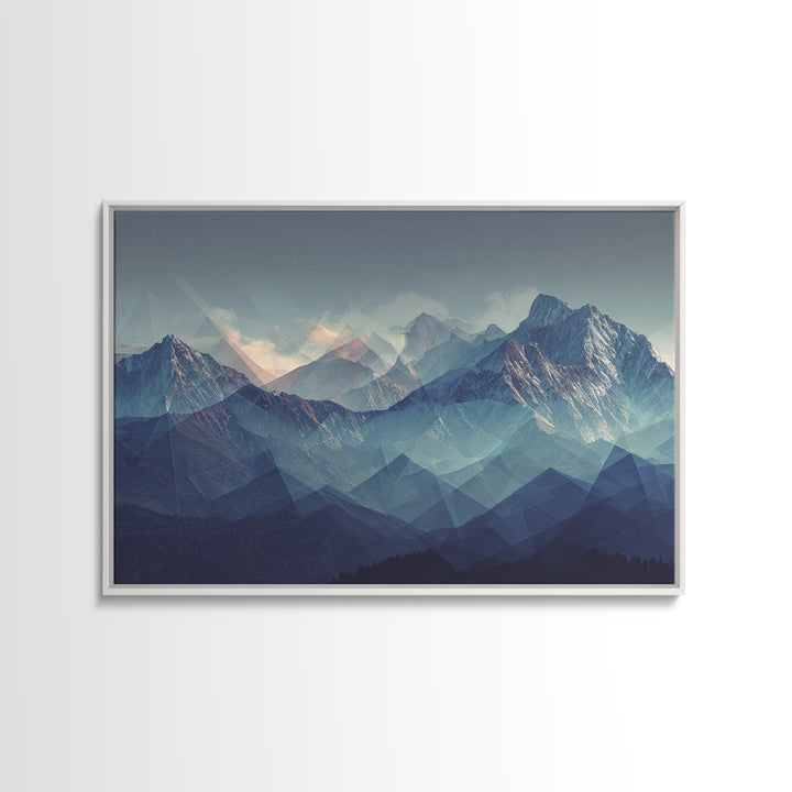 Misty Blue Polygon Mountain Vista Wall Art, Modern Abstract Landscape Print, Scandinavian Modern Decor, Bedroom Art Print