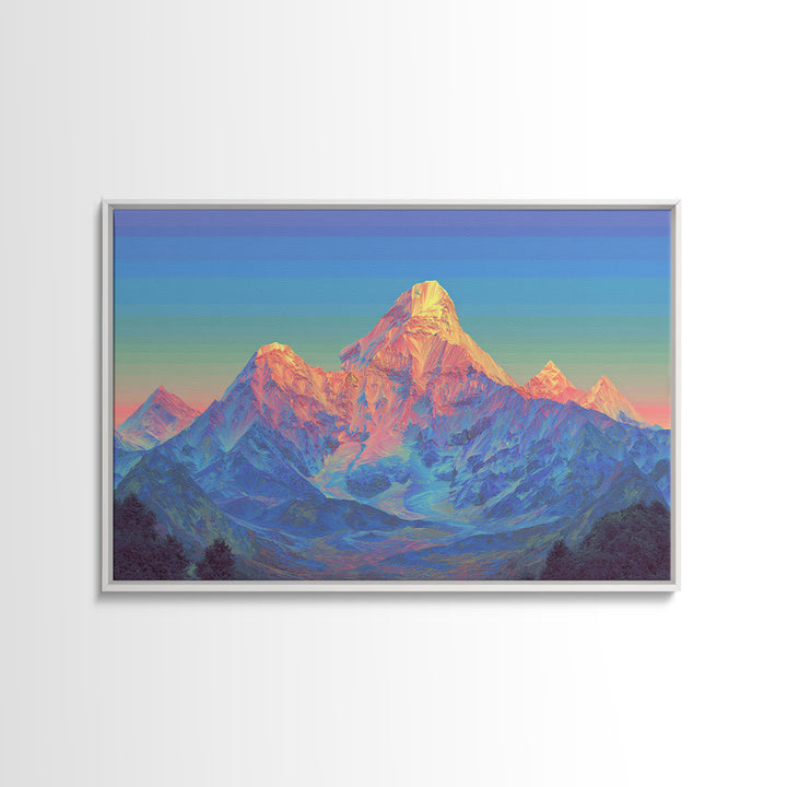 Pastel Himalayan Mountain Glow Canvas Print, Colorful Mid Century Modern Wall Art, Sunrise Landscape, Living Room Decor Print