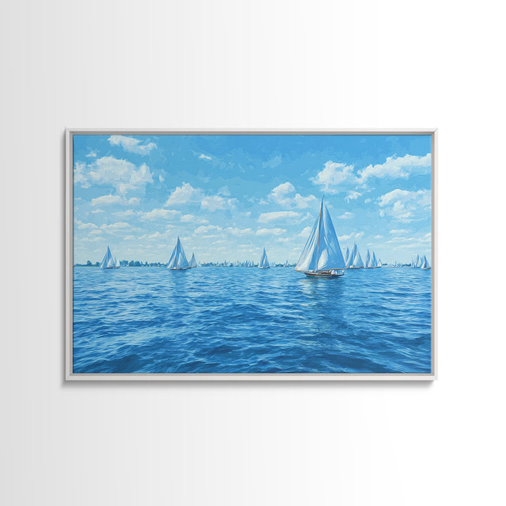 Blue Sailboats On Sparkling Summer Sea Wall Art, Coastal Modern Art Print, Nautical Decor, Beach House Living Room Poster