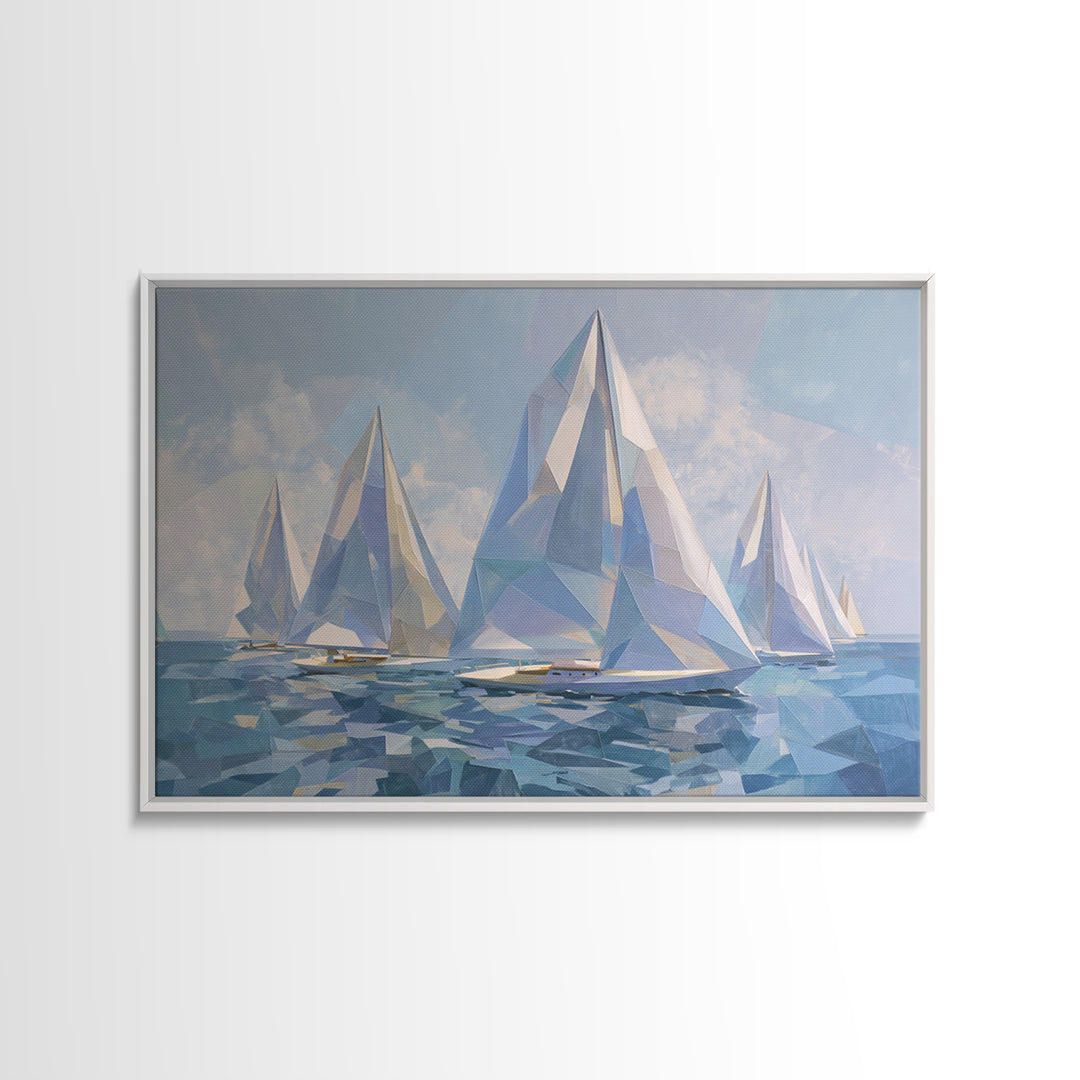 Crystal White Sailboats On Abstract Sea Framed Canvas Print, Modern Coastal Wall Art, Geometric Nautical Living Room Decor