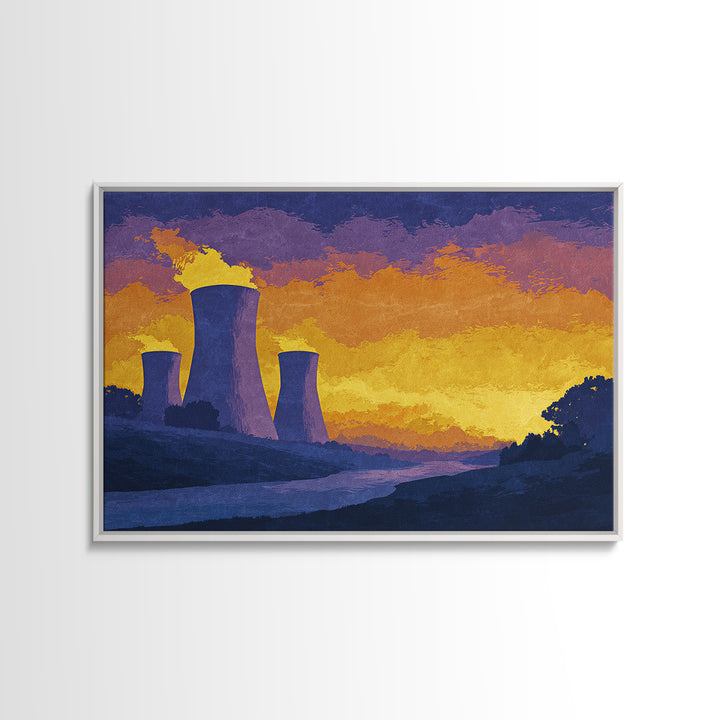 Purple Cooling Towers At Golden Sunset Wall Art, Retro Industrial Landscape Poster, Modern Wall Decor, Home Office Art Print