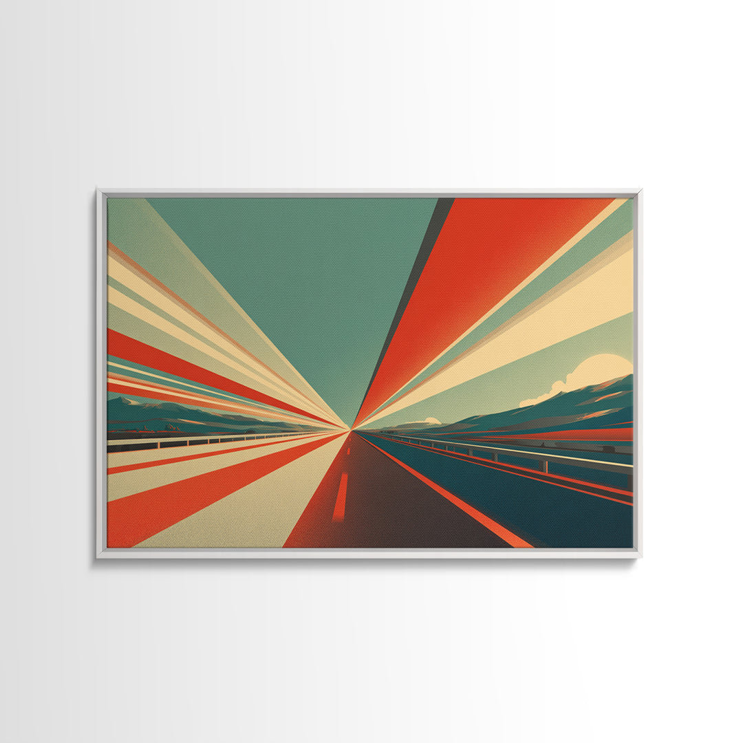 Retro Red Teal Highway Rays Canvas Print, Midcentury Modern Wall Art, Desert Road Poster, Bold Geometric Office Decor Print