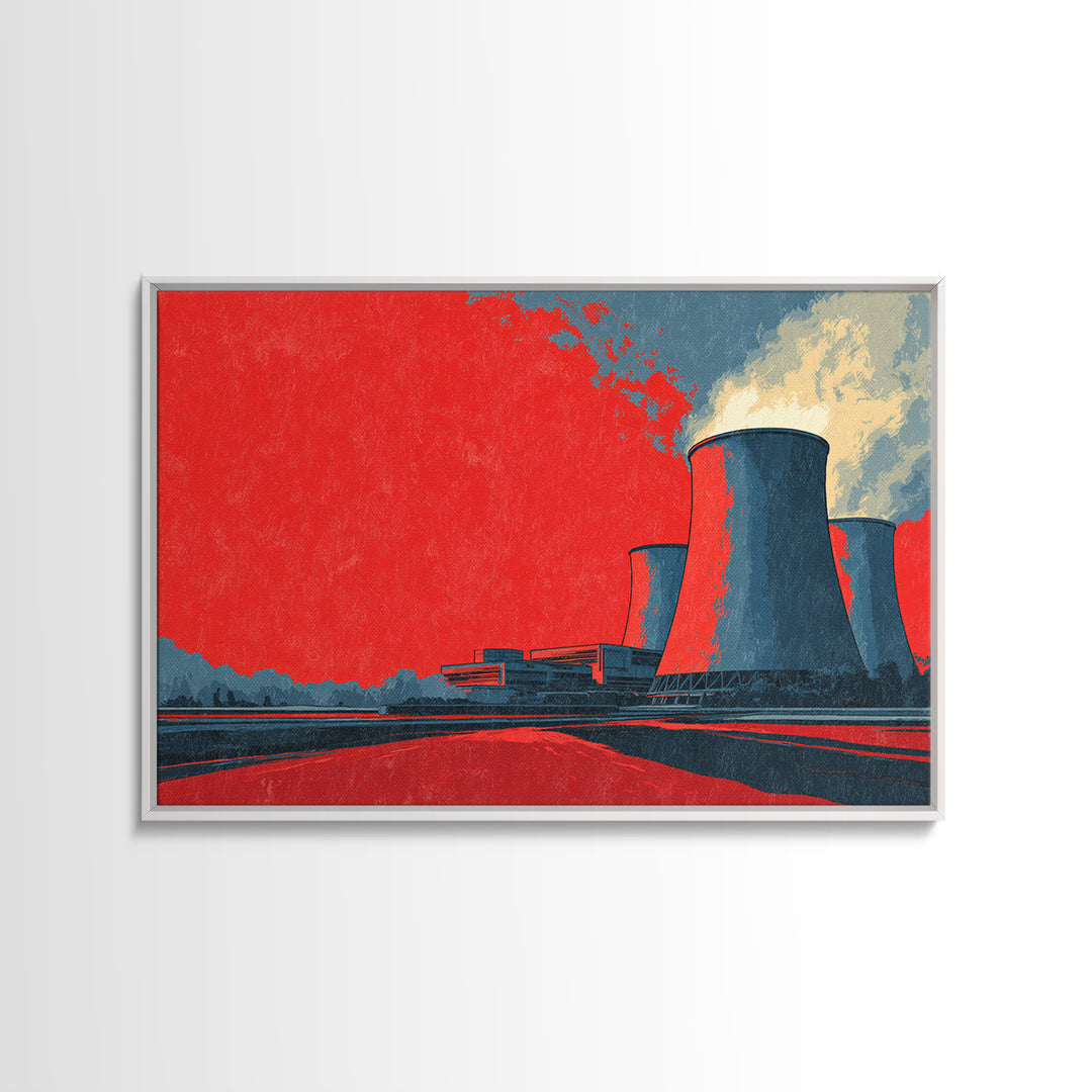 Red Industrial Cooling Tower Landscape Canvas Print, Atomic Retro Wall Art, Modern Architecture Decor, Bold Statement Poster