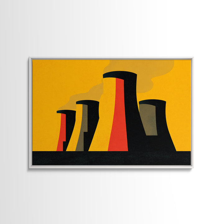 Graphic Cooling Towers At Sunset Wall Art, Midcentury Modern Art, Atomic Retro Poster, Orange Industrial Modern Wall Decor