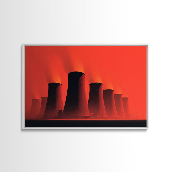 Red Nuclear Cooling Tower Silhouettes Canvas Print, Midcentury Modern Art, Retro Wall Art, Bold Orange Modern Home Decor