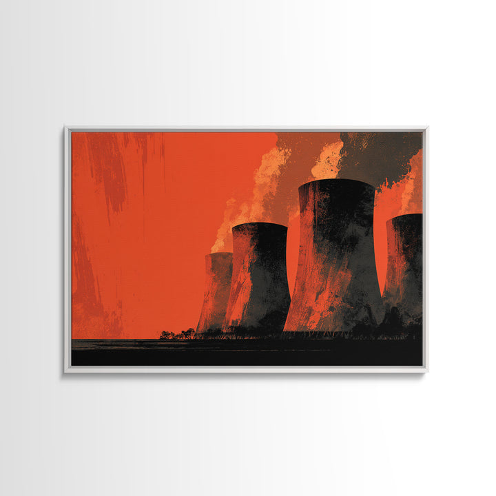 Smoky Cooling Towers In Orange Haze Framed Canvas Print, Midcentury Modern Art, Retro Wall Art, Moody Industrial Home Decor