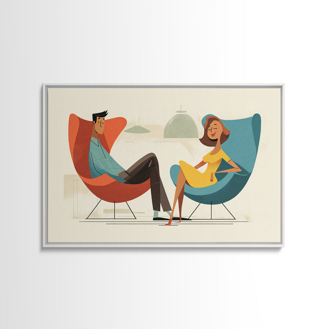 Stylish Couple In Egg Chairs Canvas Print, Midcentury Modern Art, Retro Wall Art, Atomic Lounge Decor, Colorful Home Print