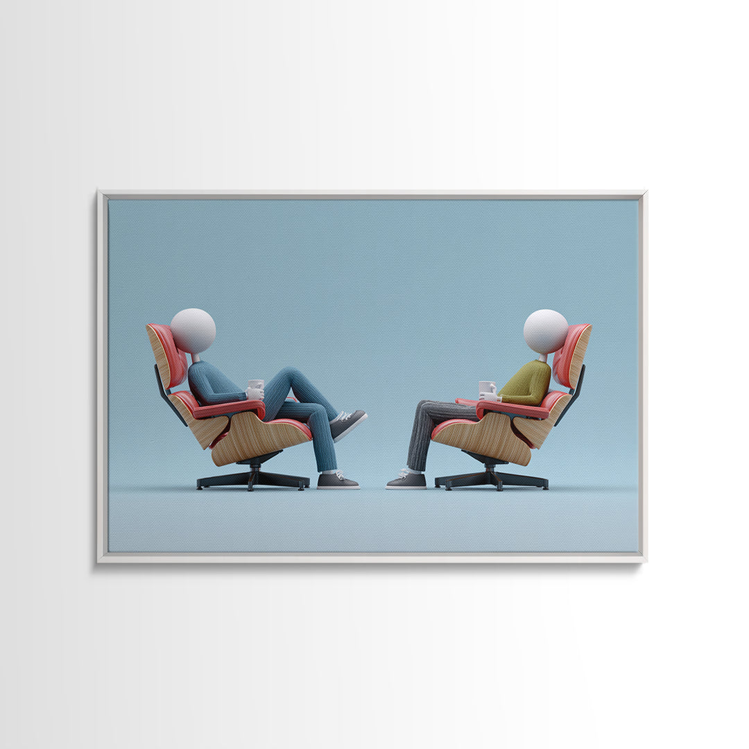 Faceless Figures In Retro Lounge Chairs Framed Canvas Print, Midcentury Modern Art, Minimalist Wall Art, Blue Office Decor