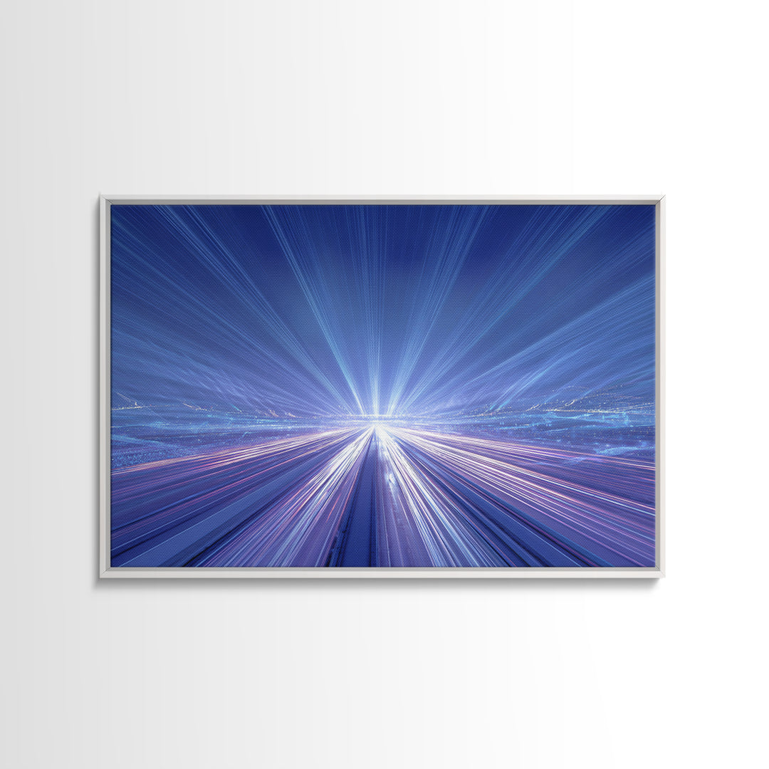 Electric Blue Light Trail Framed Canvas Print, Modern Abstract Art, Futuristic Highway Wall Decor, Sci Fi Office Poster Print
