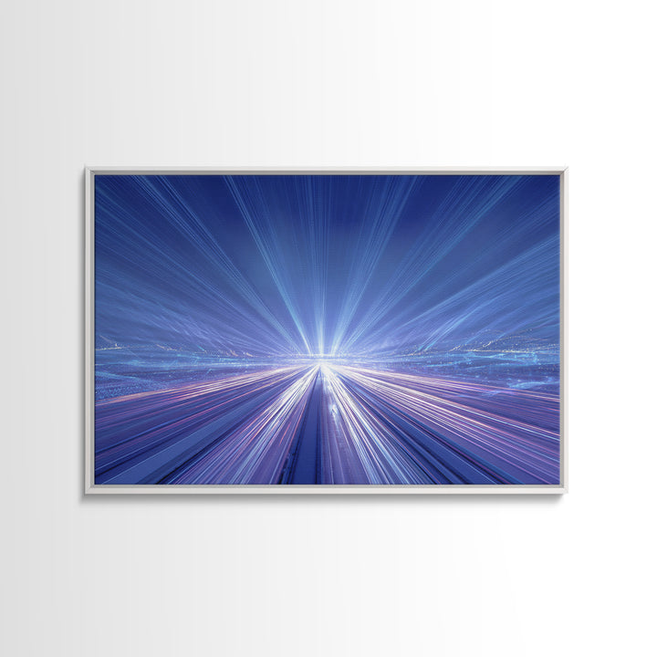 Electric Blue Light Trail Framed Canvas Print, Modern Abstract Art, Futuristic Highway Wall Decor, Sci Fi Office Poster Print