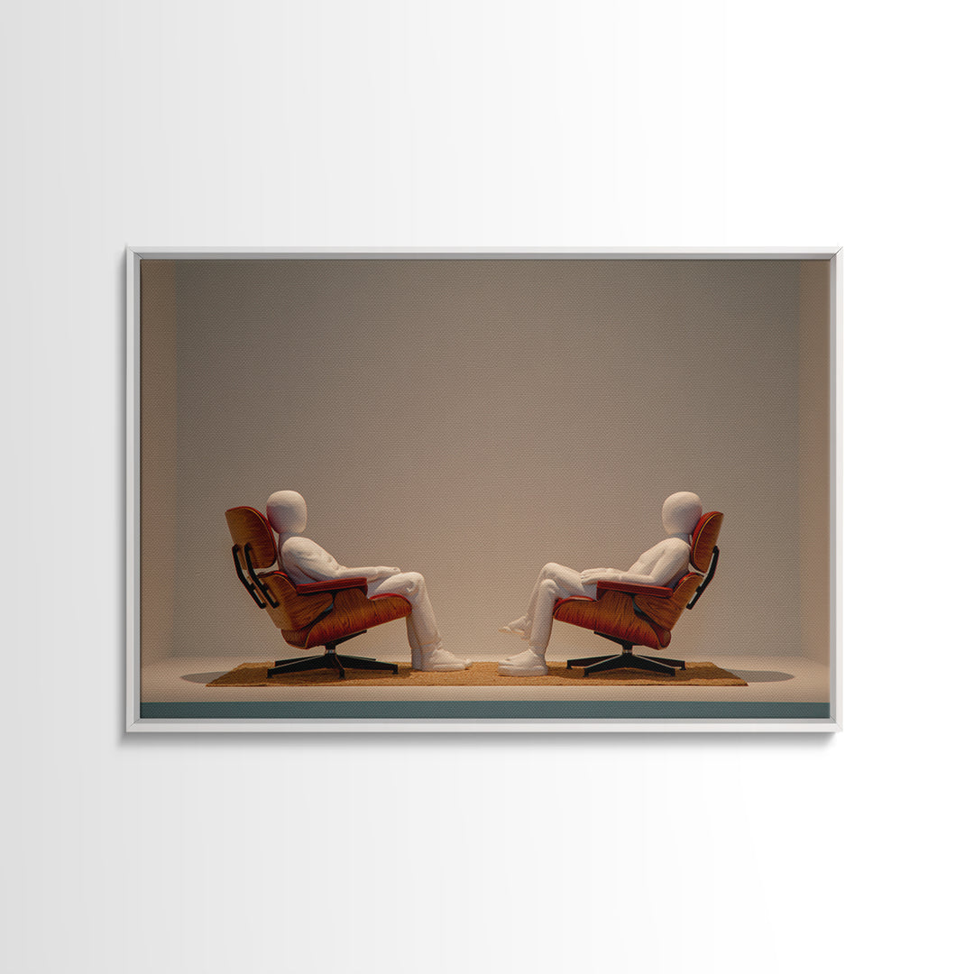 Minimal Figures Facing In Lounge Chairs Canvas Print, Midcentury Modern Art, Retro Wall Art, Neutral Modern Home Decor Print