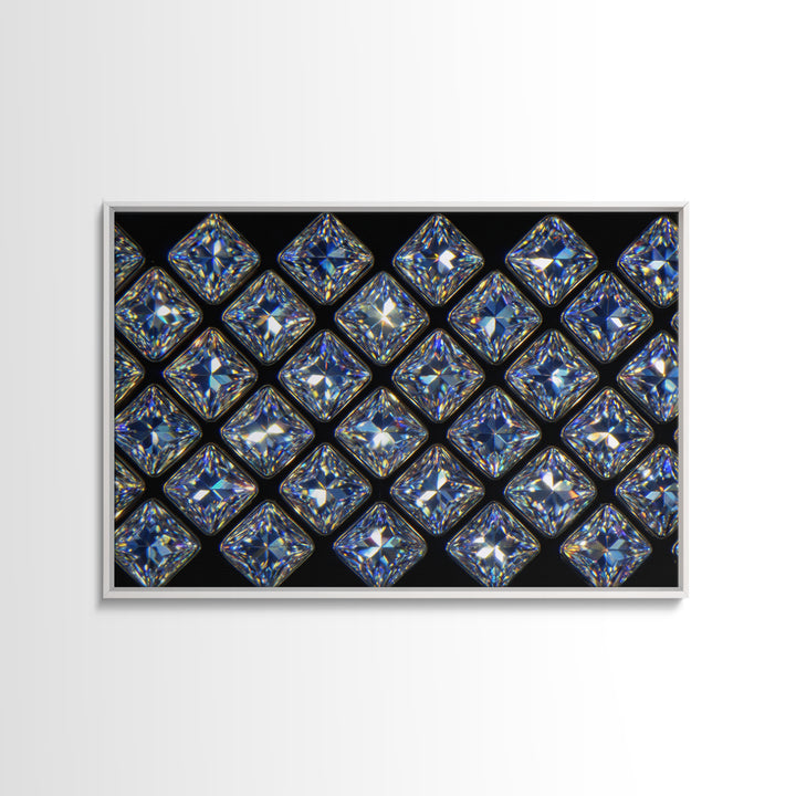 Blue Square Diamond Grid Canvas Print, Sparkling Geometric Wall Art, Modern Glam Decor, Black Luxury Poster, Gift For Her