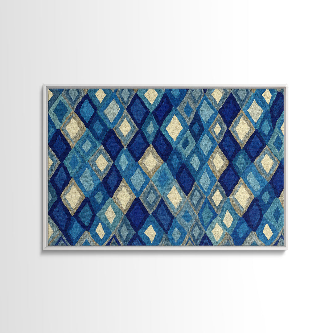 Blue Diamond Textile Pattern Wall Art, Geometric Modern Decor, Scandinavian Canvas Print, Coastal Abstract Poster For Home