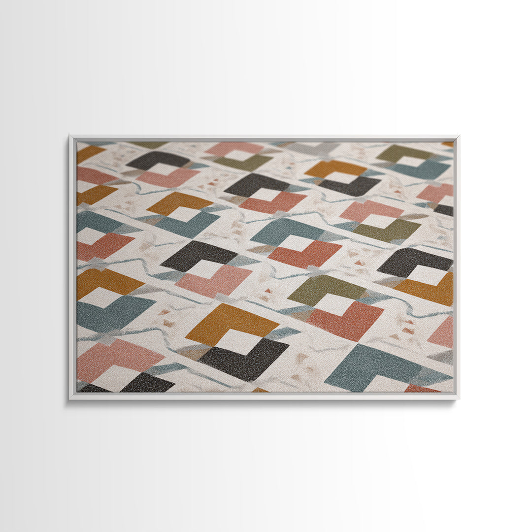 Retro Interlocking Square Pattern Wall Art, Mid Century Modern Decor, Geometric Canvas Print, Muted Color Textile Poster