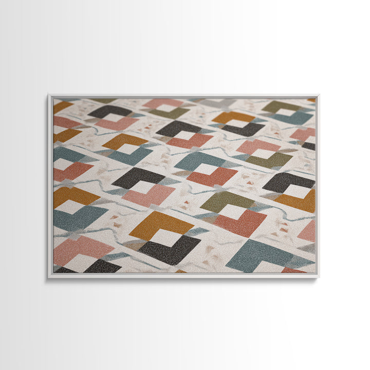 Retro Interlocking Square Pattern Wall Art, Mid Century Modern Decor, Geometric Canvas Print, Muted Color Textile Poster