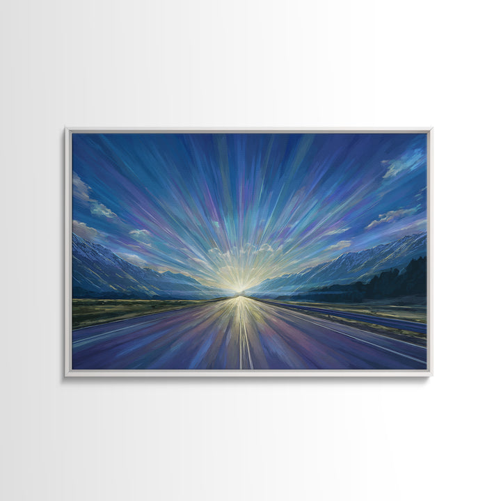 Mountain Sunrise Road Light Wall Art, Modern Landscape Print, Blue Scenic Office Decor, Contemporary Nature Home Decor Gift