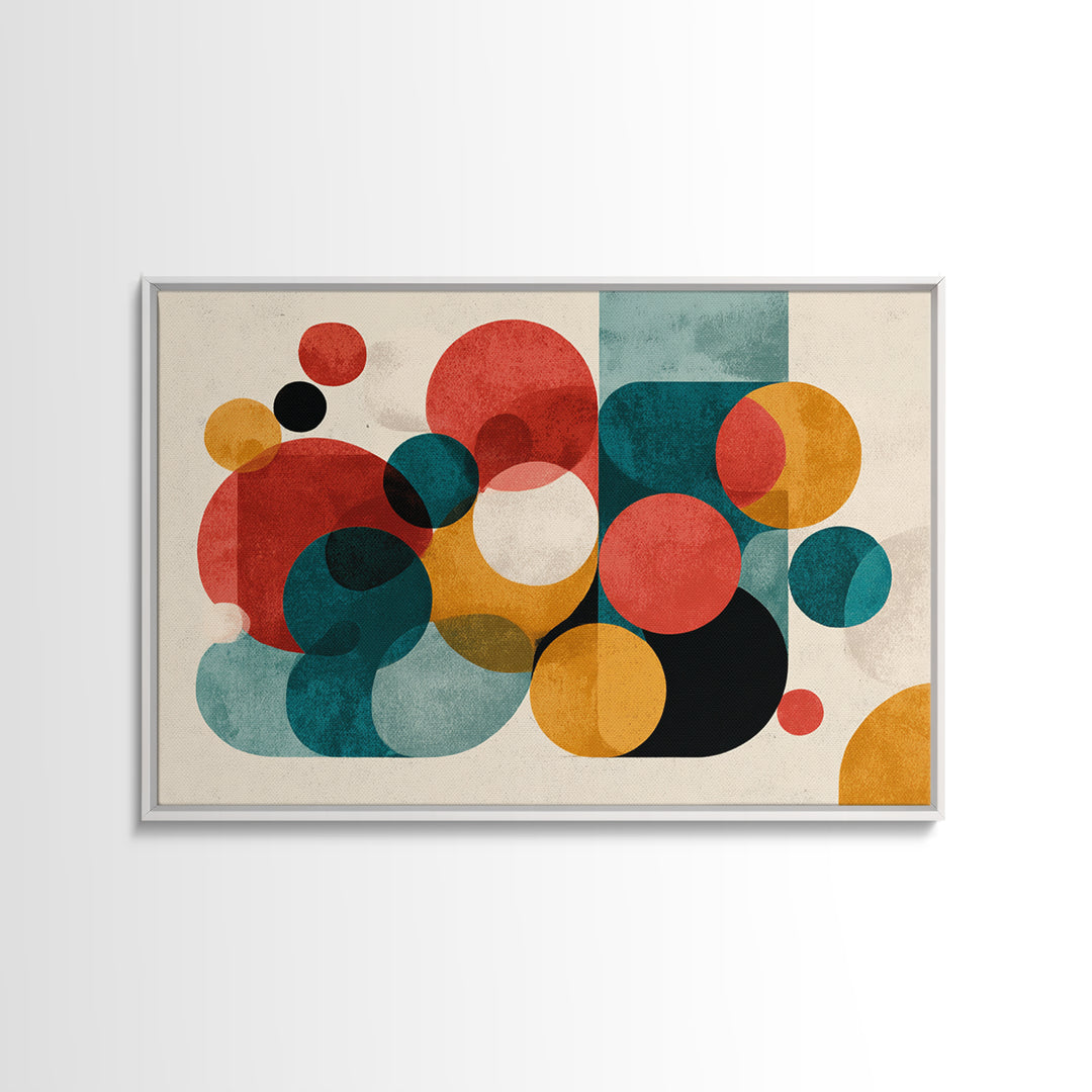 Red Teal Mustard Circle Wall Art, Midcentury Abstract Canvas Print, Geometric Shapes Art, Modern Home Decor, Office Decor
