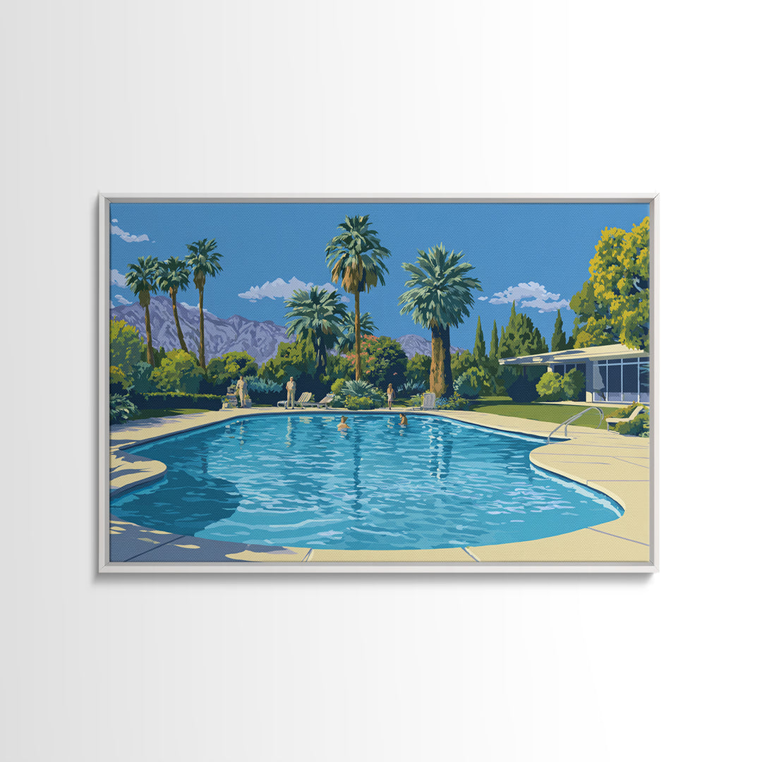 Palm Springs Swimming Pool Framed Canvas Print, Mid Century Modern Wall Art, California Travel Poster, Retro Home Decor Print