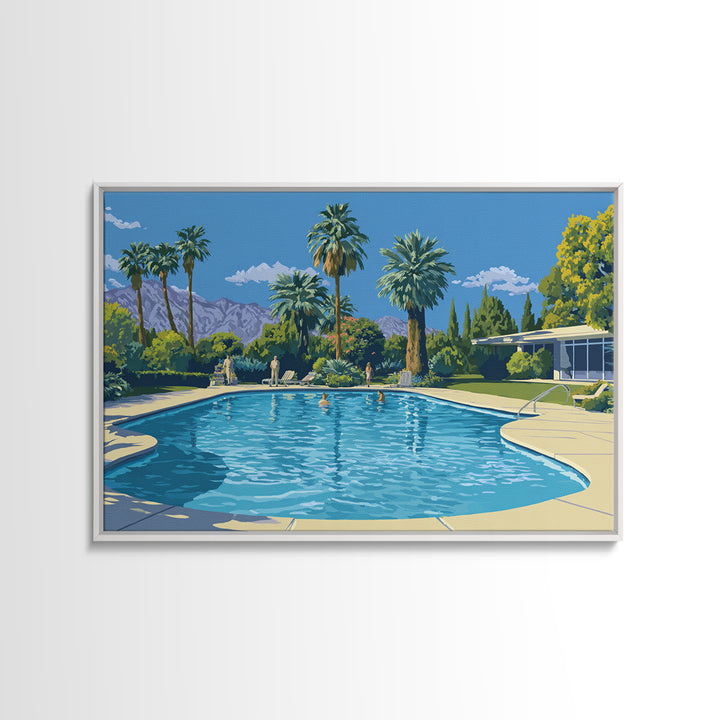 Palm Springs Swimming Pool Framed Canvas Print, Mid Century Modern Wall Art, California Travel Poster, Retro Home Decor Print