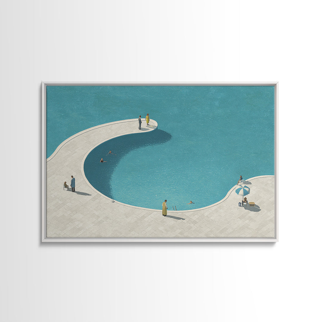 Minimal Curved Pool And Sunbathers Canvas Print, Mid Century Modern Wall Art, Blue Abstract Decor, Retro Summer Poster Print