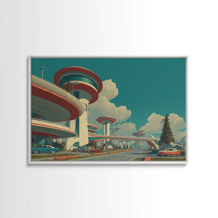 Futuristic Atomic City With Flying Saucer Framed Canvas Print, Mid Century Modern Wall Art, Retro Sci Fi Poster Decor Print