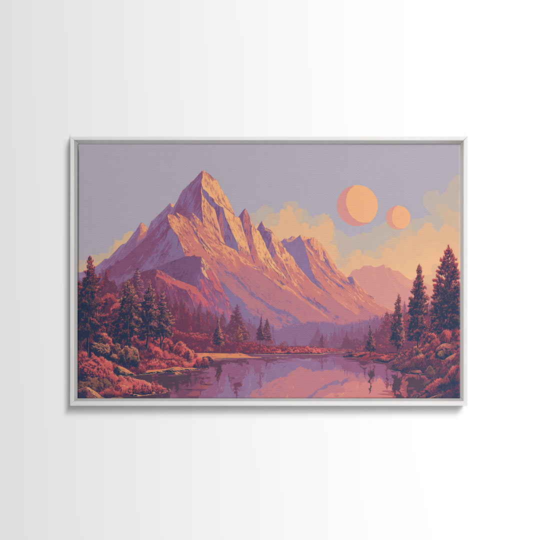 Pink Purple Alpine Lake Wall Art, Midcentury Modern Landscape Print, Retro Mountain Decor, Pastel Scenic Home Poster Gift