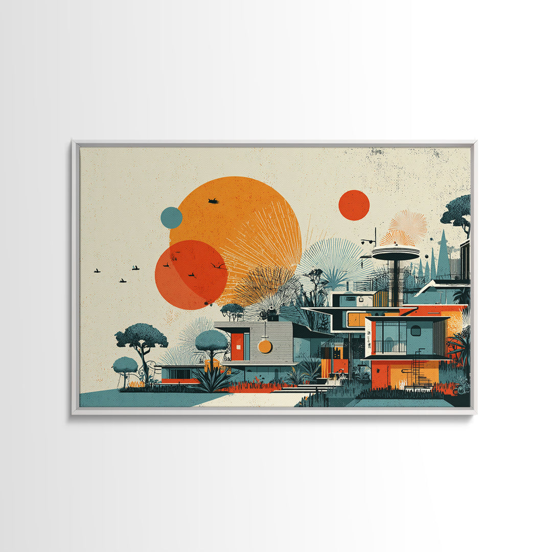 Orange Sun Modernist House And Birds Wall Art, Mid Century Modern Canvas Print, Atomic Desert Architecture Decor Poster Print