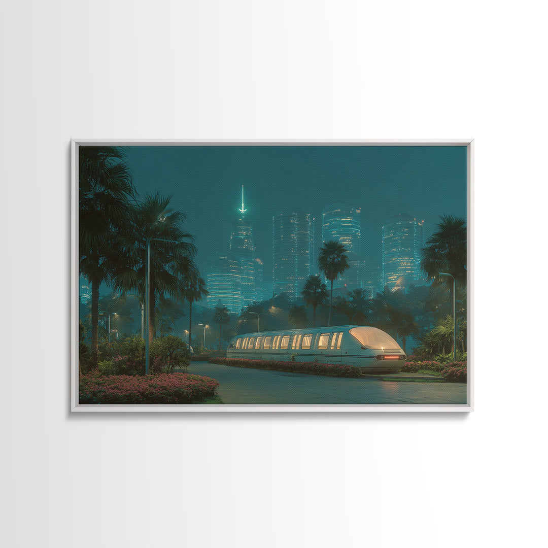 Neon Palm Monorail Futuristic Night City Wall Art, Retro Sci Fi Skyline, Teal Urban Decor, Modern Digital Art Print, For Living Room