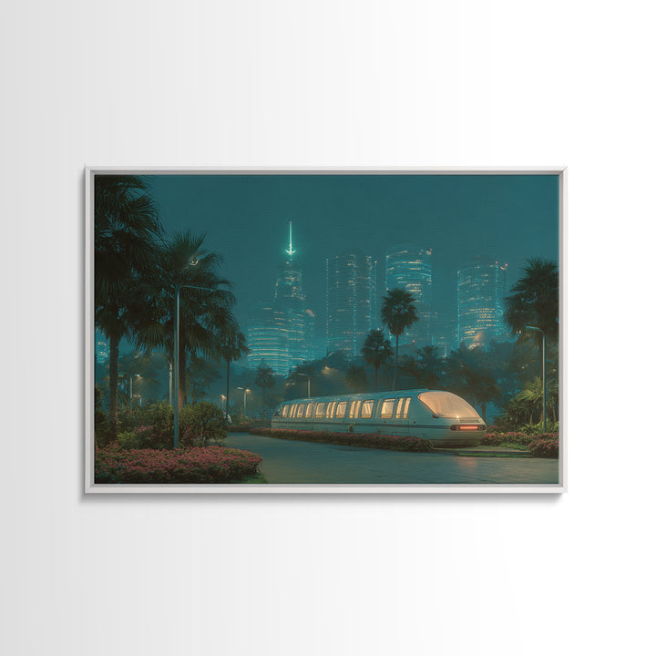 Neon Palm Monorail Futuristic Night City Wall Art, Retro Sci Fi Skyline, Teal Urban Decor, Modern Digital Art Print, For Living Room