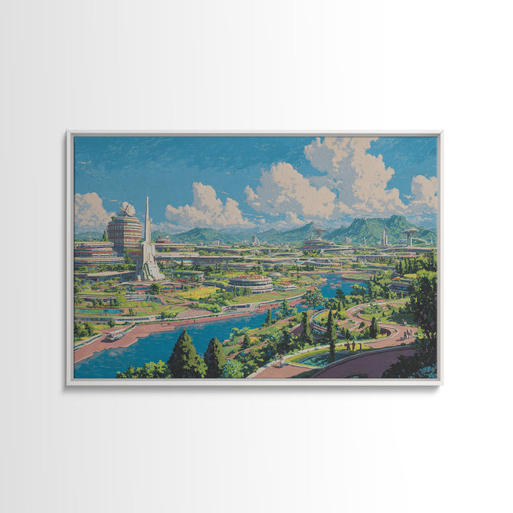 Sunny Retro Future Garden City Canvas Print, Utopian River Skyline, Mountain Landscape, Midcentury Modern Wall Decor Print