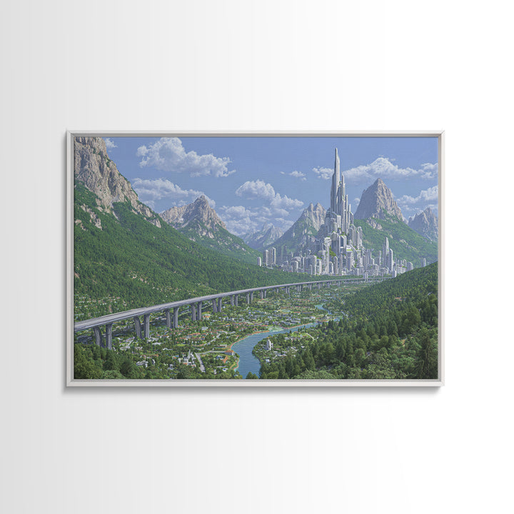 Silver Alpine Megacity And Elevated Rail Wall Art, Futuristic Mountain Landscape, Modern Sci Fi Cityscape Home Decor Print