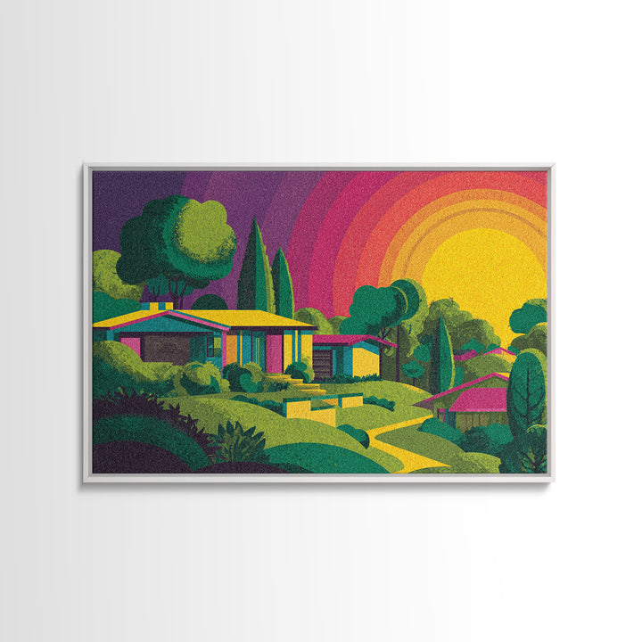 Colorful Midcentury Hillside Home Sunset Wall Art, Retro Palm Springs Decor, MCM Architecture Print, Groovy 70s Art Poster