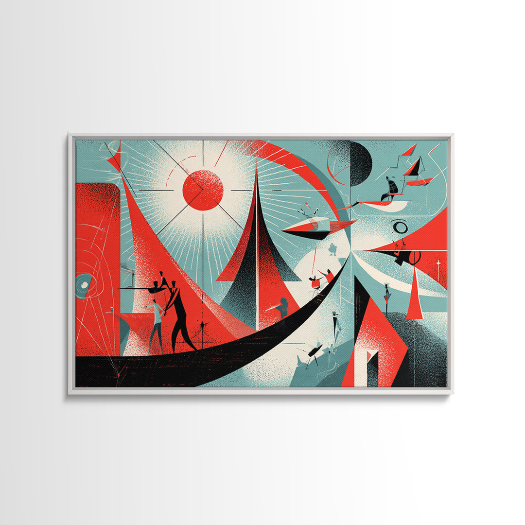 Red Atomic Sailboats And Cosmic Figures Canvas Print, Midcentury Abstract Wall Art, Bauhaus Geometric Retro Poster Decor