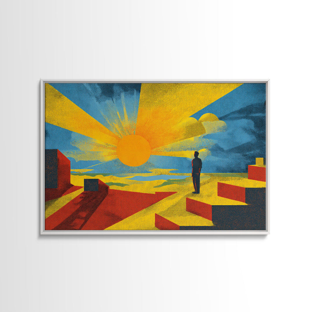 Golden Sun And Lone Figure Geometric Desert Wall Art, Midcentury Modern Abstract Print, Bold Yellow Orange Decor For Living Room