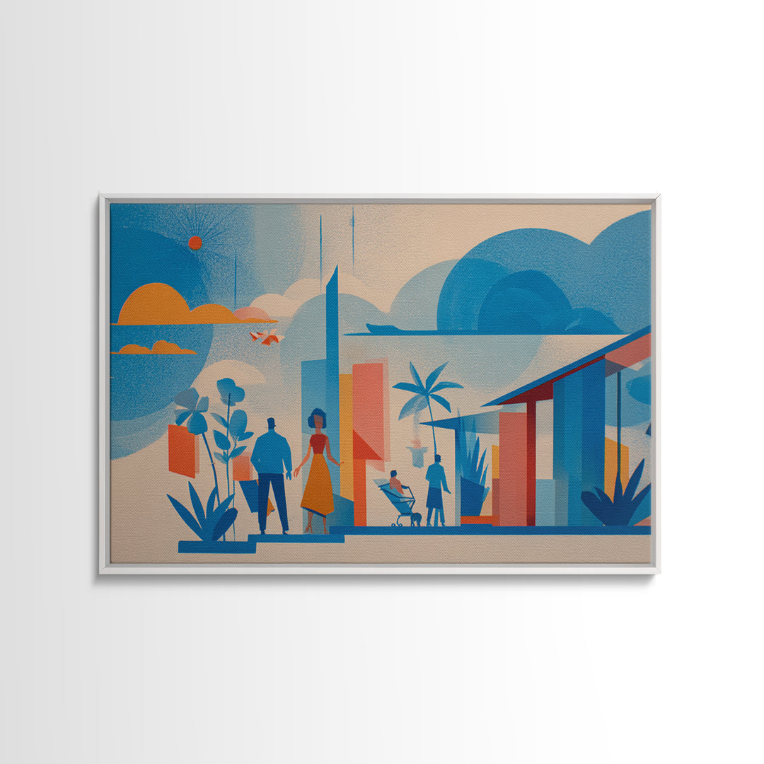 Pastel Family At Modernist Home Framed Canvas Print, Midcentury Wall Art, Scandinavian Blue Decor, Nursery Room Art Poster