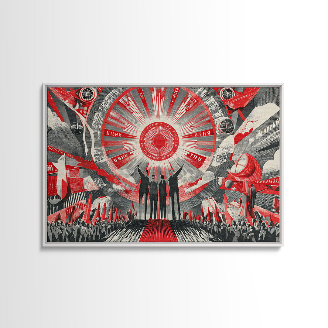 Red Futurist Rally With Rockets And Crowd Wall Art, Soviet Style Space Poster, Retro Sci Fi Propaganda Canvas Print Decor