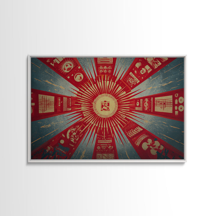 Radial Soviet Science Panels And Red Star Wall Art, Retro Futurist Propaganda Poster, Modern Geometric Canvas Print Decor
