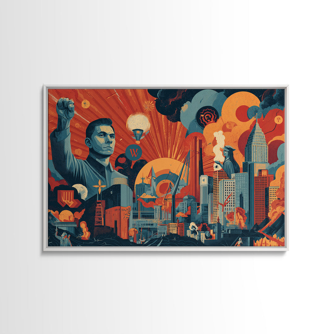 Heroic Retro Futurist Industrial City Wall Art, Midcentury Modern Poster, Bold Orange Teal Sci Fi Canvas Print Office Decor